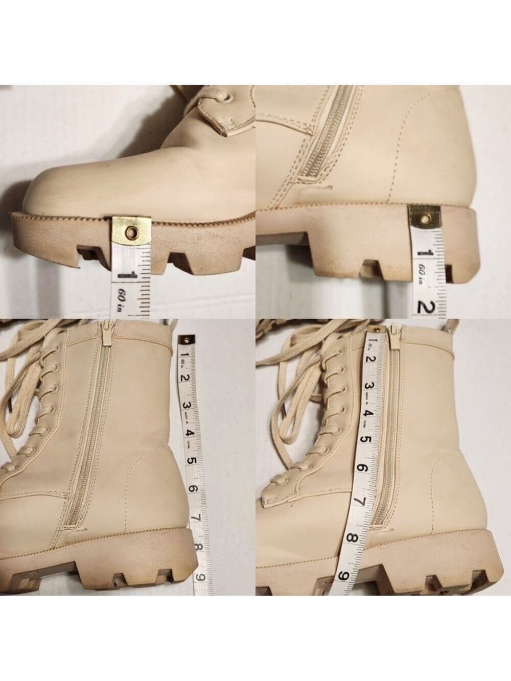 Faux Leather Lace Up Platform Ankle Combat Boots Cream Size 8 - Picture 11 of 11